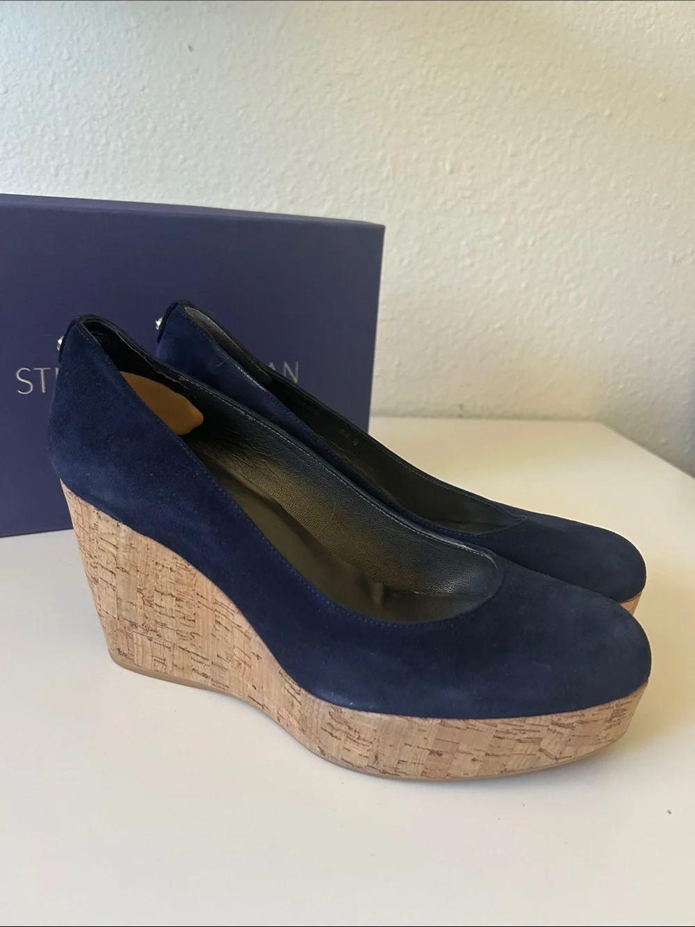 Stuart Weitzman Navy Suede Cork Wedge Pumps